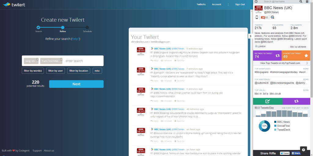 Twilert integrates with chrome extension Riffle for Twitter monitoring
